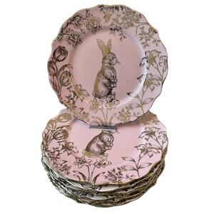 222 Fifth Pink Gold Bunny Hill Rabbit Porcelain Dinner Plates Easter Set of 8
